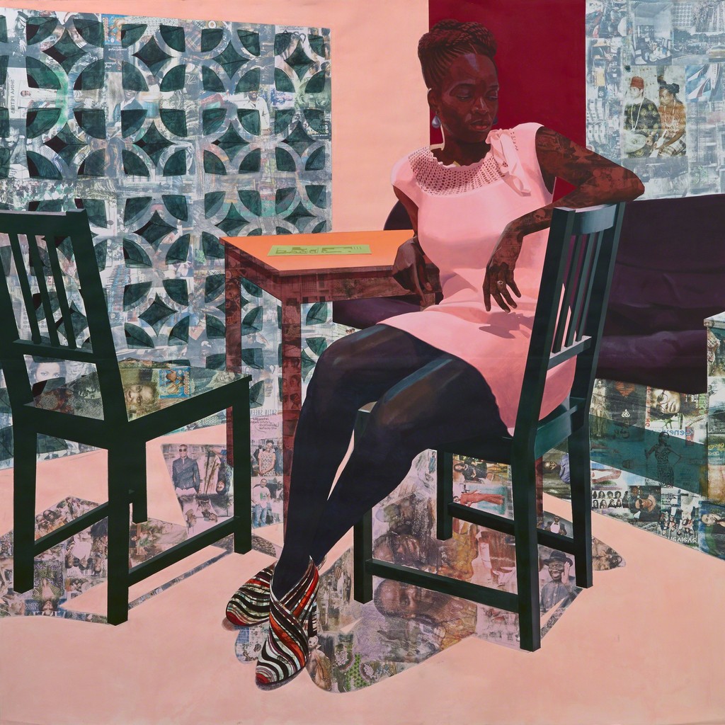 Njideka Akunyili Crosby, Predecessors (left panel), 2013, charcoal, acrylic paint, graphite and transfer print on paper, 84 x 84 inches, courtesy Tate London Njideka Akunyili Crosby, Predecessors (left panel), 2013, charcoal, acrylic paint, graphite and transfer print on paper, 84 x 84 inches, courtesy Tate London