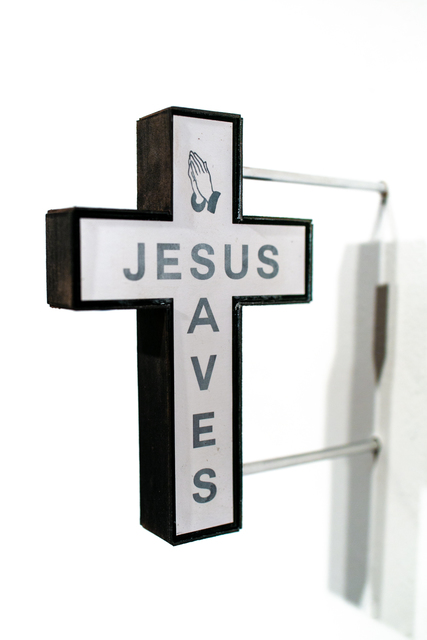 Drew Leshko, ‘Jesus Saves (black)’, 2019, Drawing, Collage or other Work on Paper, Paper, enamel, pastel, inkjet prints, chain, tubing, Paradigm Gallery + Studio