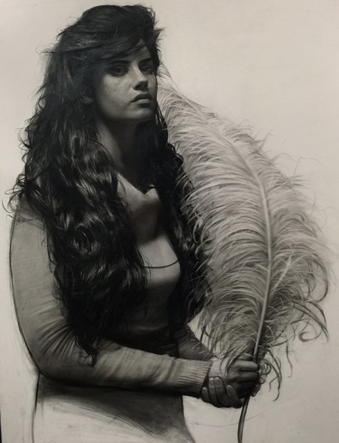 Steven Assael, ‘Girl With Feather’, 1996, Drawing, Collage or other Work on Paper, Graphite on paper, Seraphin Gallery
