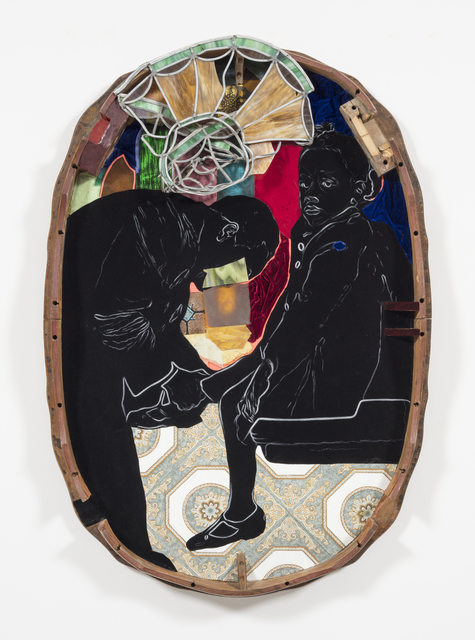 David Shrobe, ‘Sanctuary’, 2020, Painting, Oil on vinyl tiles, acrylic on flocking, leaded stained glass, wood, leather, velvet and bookbinding cloth mounted on wood table top, Steve Turner