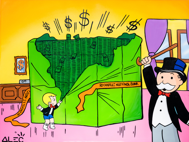Alec Monopoly, ‘Richie + Monopoly Opening $ Packages ’, 2021, Painting, Mixed media painting, Eden Fine Art