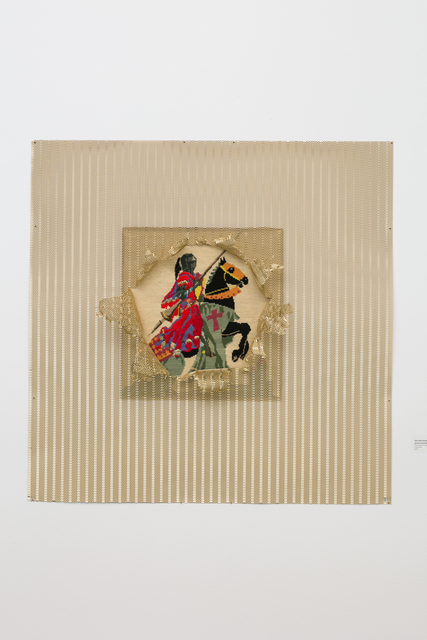 Suchitra Mattai, ‘Sari-clad Jouster (or why I was never good at sports)’, 2018, Painting, Metal sheet, embroidery on vintage needlepoint, k contemporary