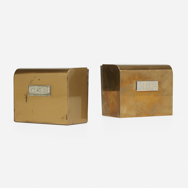 ‘bookends from Hillside House, Bartlesville’, c. 1956, Design/Decorative Art, Copper, sterling silver, stained beech, Rago/Wright