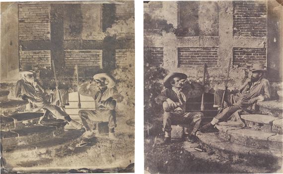 Baron Louis-Adolphe Humbert de Molard, ‘Two hunters on the stoop at Argentelle’, ca. 1848, Photography, Paper negative and positive, James Hyman Gallery