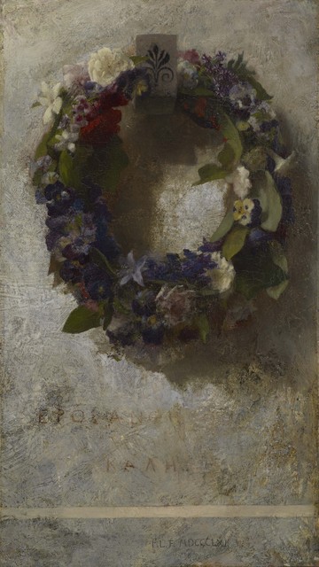 John La Farge, ‘Agathon to Erosanthe (Votive Wreath)’, 1861, Painting, Oil on canvas, Colby College Museum of Art