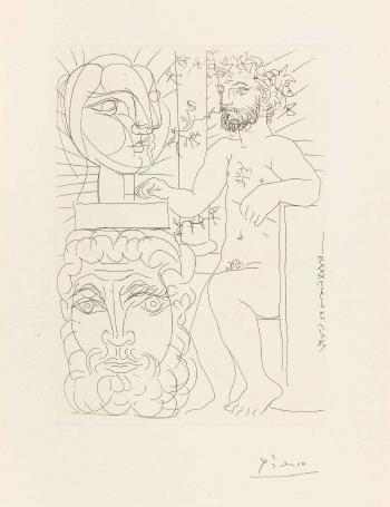 Pablo Picasso - Sculpteur et deux têtes sculptées, from: La Suite Vollard (B 157; Ba 310)