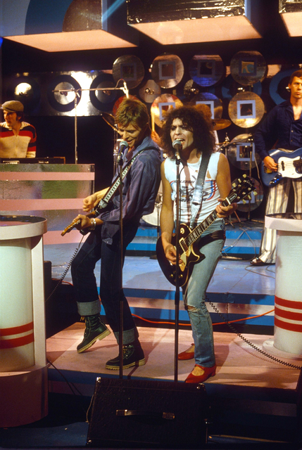 Sheila Rock, ‘David Bowie & Marc Bolan on the TV Show 'Marc', 7th September 1977’, 1977, Photography, Archival Pigment Print, ElliottHalls