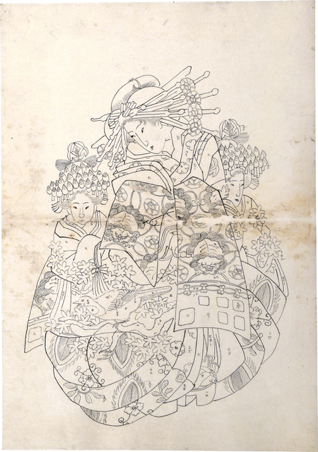 Teisai Sencho, ‘Preparatory Drawing of an Oiran Wearing an Uchikage Decorated with Shishi, with Two Kamuro’, ca. 1830, Drawing, Collage or other Work on Paper, Sumi ink on paper, Scholten Japanese Art