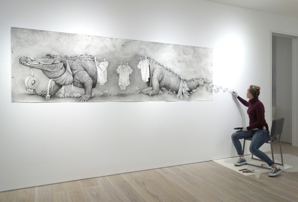 Adonna Khare installing her work "Alligator Clothesline" (2016) Adonna Khare installing her work "Alligator Clothesline" (2016)