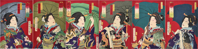 Toyohara Kunichika, ‘Six Selected Actors: Sawamura Tossho III, Ichikawa Sadanji I, Nakamura Shikan IV, Onoe Kikugoro V, Nakamura Sojuro, Kawarasaki Sansho’, 1873, Print, Woodblock print, Scholten Japanese Art