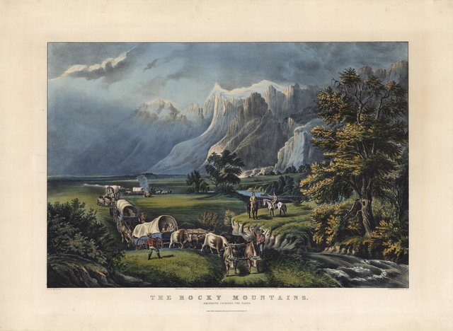 Currier & Ives, ‘The Rocky Mountains. : Emigrants Crossing the Plains.’, 1866, Print, Lithograph handcolored,, The Old Print Shop, Inc.