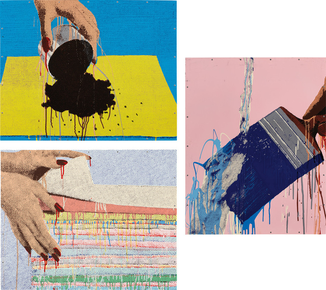 Marilyn Minter, ‘Hands Dumping; Hands Washing; and Hands Folding (L. P. pp. 150-151, pl. 51, 52, 53)’, 1989, Print, Three screenprints in colors, on aluminum panel mounted to metal strainer (as issued), the full sheets., Phillips
