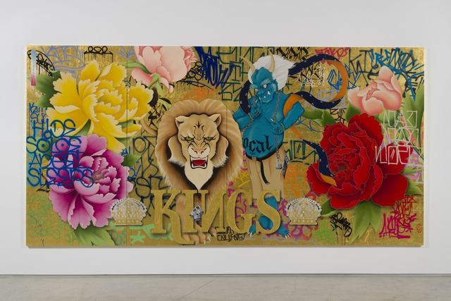 Gajin Fujita, ‘Invincible Kings of This Mad Mad World’, 2017, Painting, Spray Paint, Paint Markers, Meanstreaks, 24k Gold Leaf, 12k White Gold Leaf, Platinum Leaf, Gloss Finish on Panel, BEYOND THE STREETS