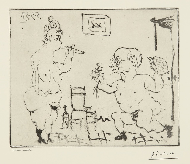 Pablo Picasso, ‘Histoire de Sabartés et de sa voisine: "Voici quelques fleurs..." (Ba. 965)’, 1957, Print, Sugar-lift aquatint with hand-biting, Sotheby's