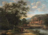 A river landscape with riders on horseback before ruins