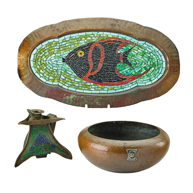 Kalo, ‘Kalo Bowl Monogrammed "E," The Art Crafts Shop Candlestick, and Craftsman Studios Tray with Fish, USA’, Early 20th, Rago/Wright