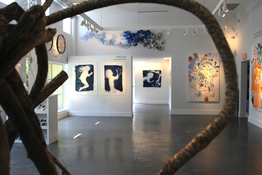 Left to Right:
CHRYSALIS: Cyanotypes, Mary West Quin: "Impression", 32" x 44", "Chrysalis Study II", 32" x 44", "Chrysalis Study I", 42" x 44"
IMAGINARY MINDSCAPES: Acrylic, Felt Tip and Colored Pencil on Canvas, Philippe Halaburda: "En Fabis Piecha", 75" x 47", "Zysman", 79" x 79"
Paper Wall Sculpture by Barbara Owen Left to Right:
CHRYSALIS: Cyanotypes, Mary West Quin: "Impression", 32" x 44", "Chrysalis Study II", 32" x 44", "Chrysalis Study I", 42" x 44"
IMAGINARY MINDSCAPES: Acrylic, Felt Tip and Colored Pencil on Canvas, Philippe Halaburda: "En Fabis Piecha", 75" x 47", "Zysman", 79" x 79"
Paper Wall Sculpture by Barbara Owen