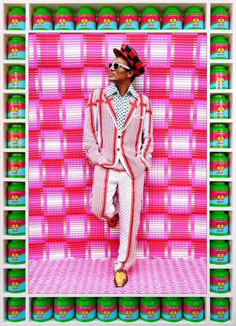 Hassan Hajjaj, ‘Che Lovelace Standin’’, 2012/1433 (Gregorian/Hijri), Mixed Media, Metallic Lambda on 3mm Dibond in a Poplar Sprayed-White Frame with HH Green Tea Boxes with Butterfly, Yossi Milo Gallery