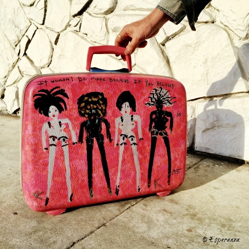 "It Wouldn't Be Make Believe" by Richard Kurtz Paint Marker on found vintage suitcase
Photographed in Oxnard, CA by Jennifer Esperanza of Esperanza Projects "It Wouldn't Be Make Believe" by Richard Kurtz Paint Marker on found vintage suitcase
Photographed in Oxnard, CA by Jennifer Esperanza of Esperanza Projects