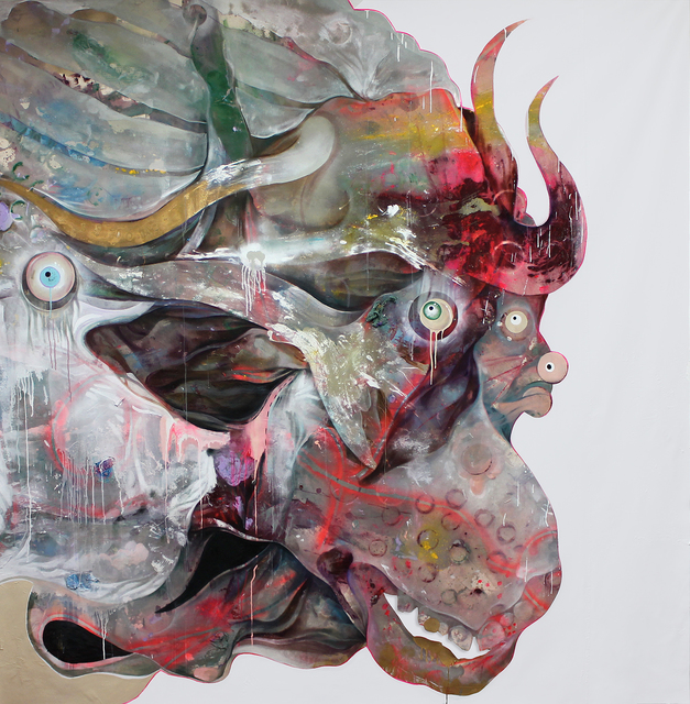 Lavar Munroe, ‘For We Shall Study War No More... (Devil no. 10)’, 2016, Painting, Acrylic, latex house paint, spray paint, burnt canvas, silk ribbon, staples and collaged fabric on canvas, Jack Bell Gallery