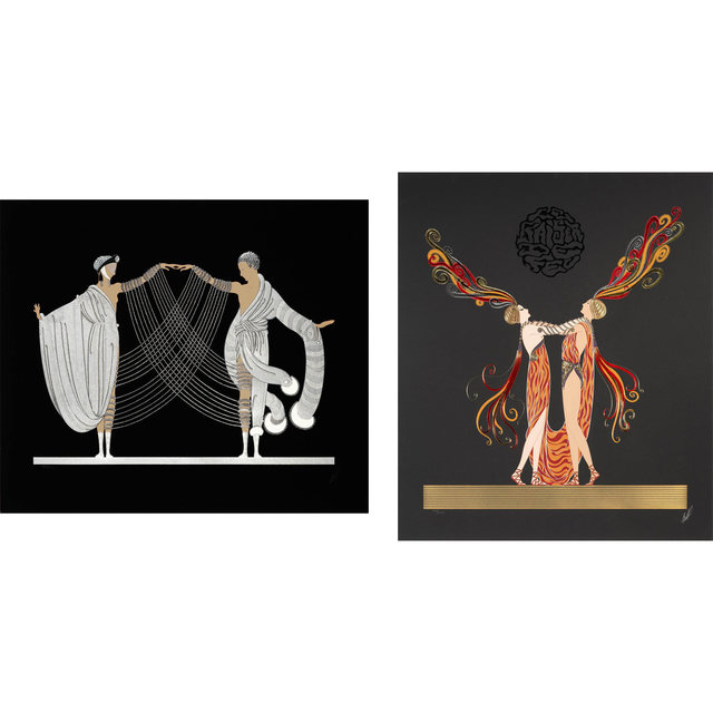 Erté, ‘Love And Passion Suite: The Marriage Dance; Kiss Of Fire’, 1983, Print, Two color screenprints on black wove paper, Doyle
