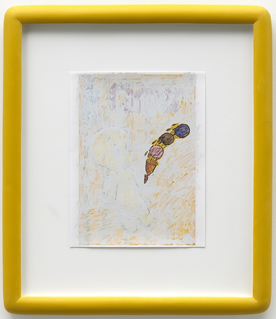 Alex Da Corte, ‘Blue Pencil Drawing (Big Chill Spook)’, 2019, Drawing, Collage or other Work on Paper, Inkjet and White Out on paper, cast polyester resin frame, plexiglass,
mat-board, coroplast, wooden strainer, hardware, Swiss Institute Benefit Auction