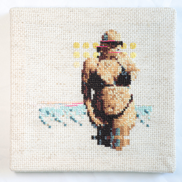 Katy Itter, ‘Beach Babe in Sunglasses’, 2020, Textile Arts, Hand Stitched Embroidery, Thread on Stretched Aida Cloth, The Untitled Space