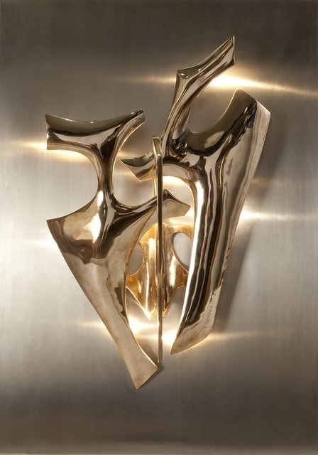 Fred Brouard, ‘Pair of Sculptural Sconces Mounted on Stainless Steel Backplates’, ca. 1970, Design/Decorative Art, Stainless steel, bronze, Maison Gerard