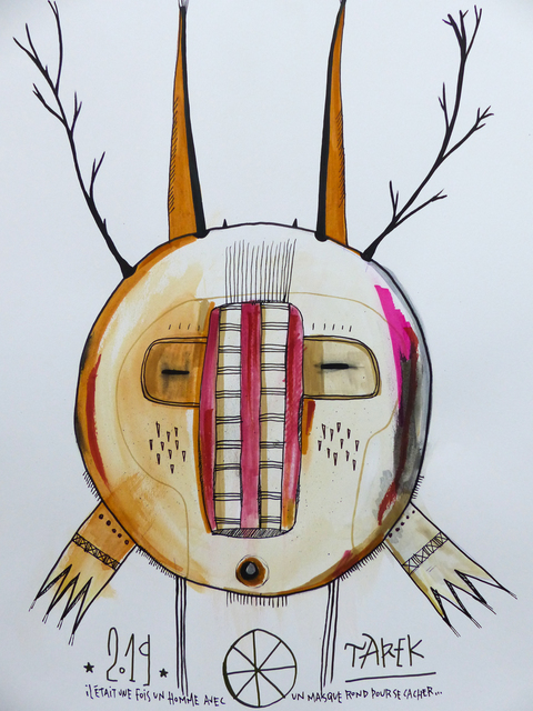 TAREK, ‘Il était une fois un homme avec un masque pour se cacher’, 2019, Drawing, Collage or other Work on Paper, Tea, watercolor, color ink and posca on paper, Galerie Carole Kvasnevski