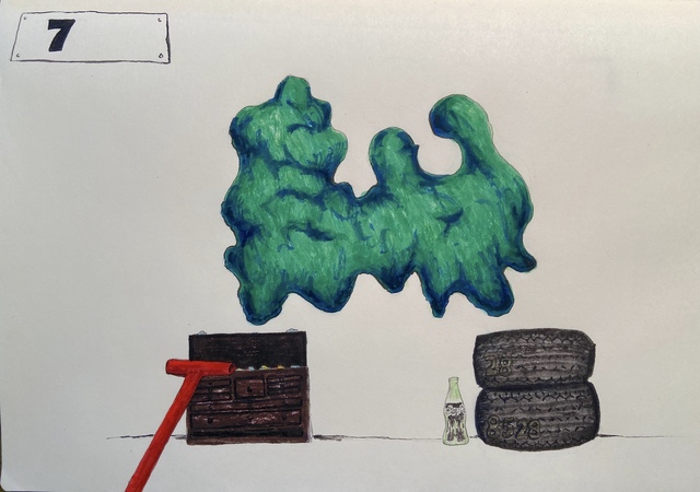 Paco Marcial, ‘Clocking the time until all we a-green, there’s lucky numbers”’, 2020, Drawing, Collage or other Work on Paper, ZIG Kuretake water base ink pen on paper, mounted on Lanaquarell watercolor paper., 532 Gallery Thomas Jaeckel