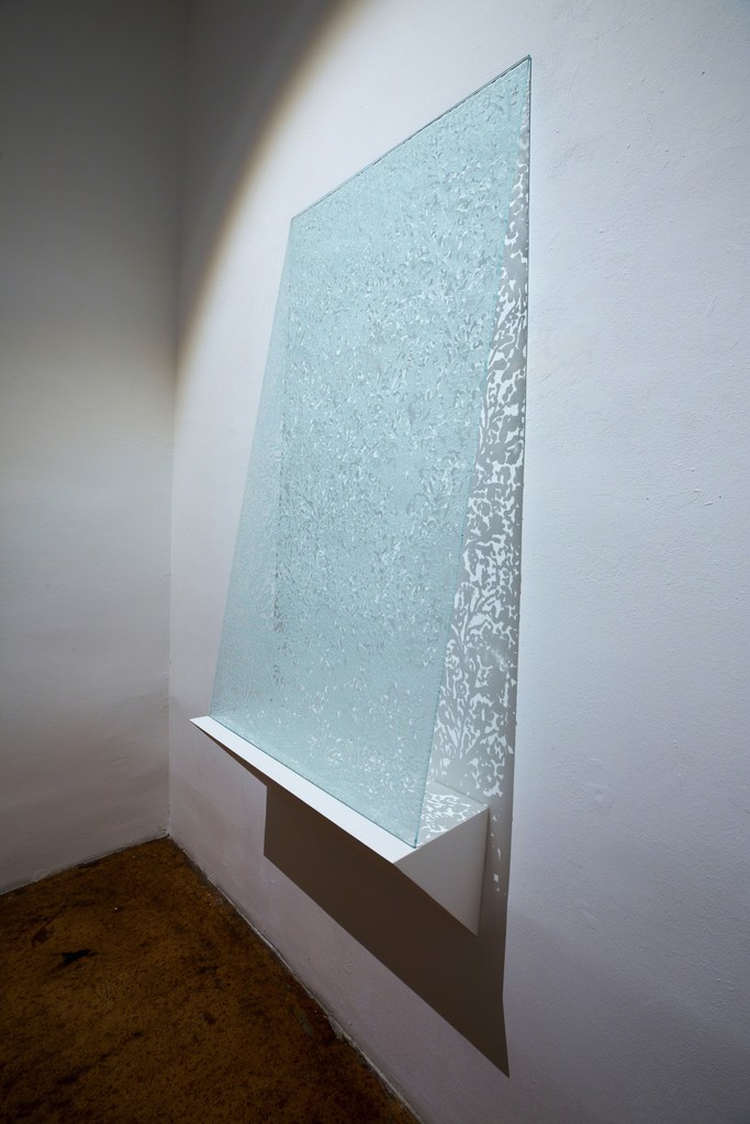 Shadow of a Prayer Rug, 2018, Sculpture/Performance/Installation, Glass with pressed silicone on wood, 130 x 70 x 6 cm Shadow of a Prayer Rug, 2018, Sculpture/Performance/Installation, Glass with pressed silicone on wood, 130 x 70 x 6 cm