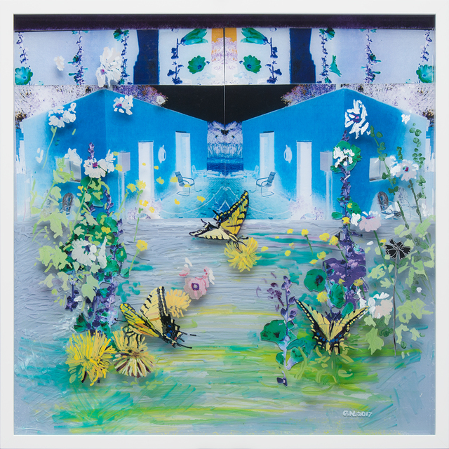 Gail Norfleet, ‘Blue Studio and Hollyhocks’, 2017, Painting, Acrylic and cut paper photo collage on two Lucite panels, Valley House Gallery & Sculpture Garden