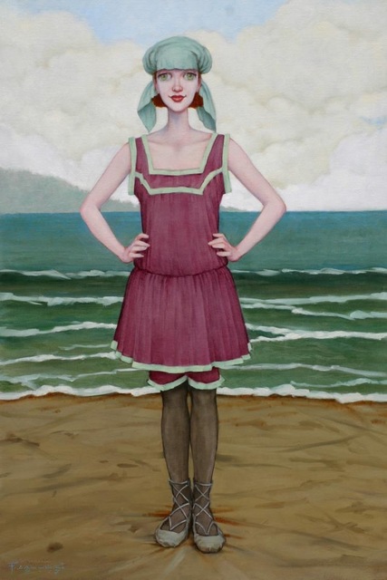 Fred Calleri, ‘"Sea Foam" Woman in Vintage Purple Bathing Suit Standing in front of Green Ocean’, 2010-2017, Eisenhauer Gallery