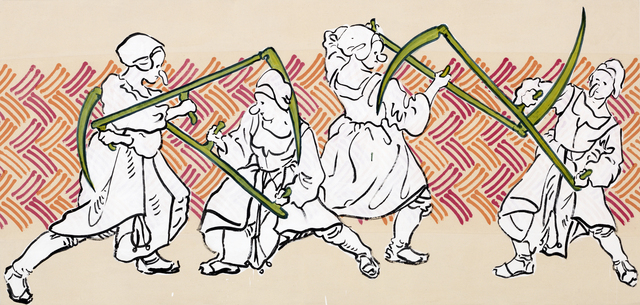Sigrid Holmwood, ‘Peasants practising fighting with scythes ’, 2017, Painting, Mayan blue made from woad, weld, ink and gesso on calico mordant-printed with madder and cochineal, on board, Annely Juda Fine Art