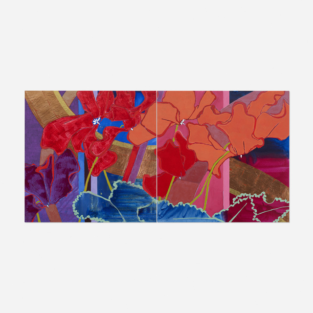 Robert Kushner, ‘Red Cyclamen (diptych)’, 2000, Painting, Oil, acrylic, glitter and gold leaf on canvas, Rago/Wright