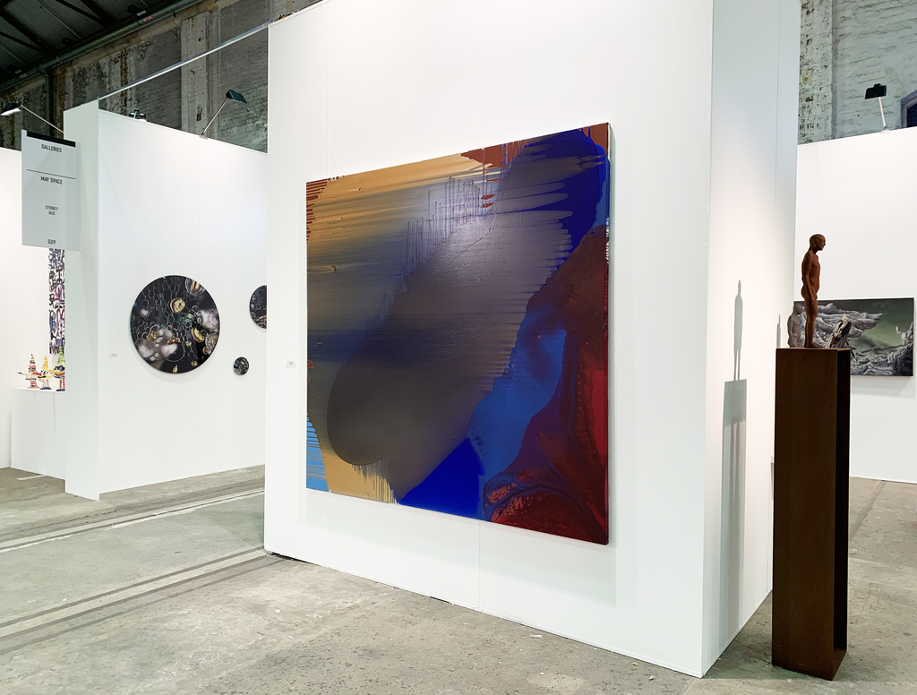 MAY SPACE at Booth G09 - Installation I, 10th September, 2019, featuring:
Charlie Sheard, 'Aitia', 2013-19, acrylic mediums on polyester.
Janet Tavener, 'Seedless Collection 1', 2019, ChromaLuxe.
Peter Tilley, 'The Materialised Shadow', cast iron, Corten steel. MAY SPACE at Booth G09 - Installation I, 10th September, 2019, featuring:
Charlie Sheard, 'Aitia', 2013-19, acrylic mediums on polyester.
Janet Tavener, 'Seedless Collection 1', 2019, ChromaLuxe.
Peter Tilley, 'The Materialised Shadow', cast iron, Corten steel.