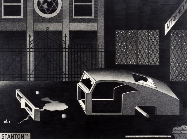 Anton van Dalen, ‘Night Synagogue and Stripped Car’, 1976, Drawing, Collage or other Work on Paper, Graphite on paper, P.P.O.W