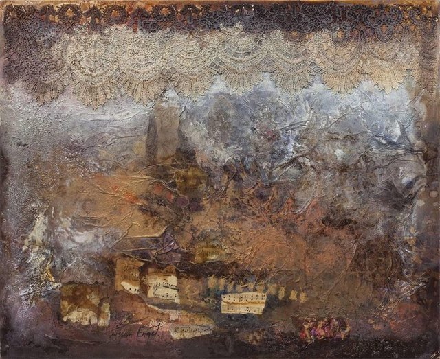 Nissan Engel, ‘Collage Assemblage with lace and Music Notes Abstract Composition’, 20th Century, Lions Gallery