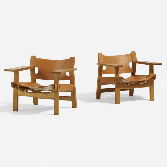Börge Mogensen, ‘Spanish chairs, pair’, 1959, Design/Decorative Art, Oak, leather, brass, Rago/Wright