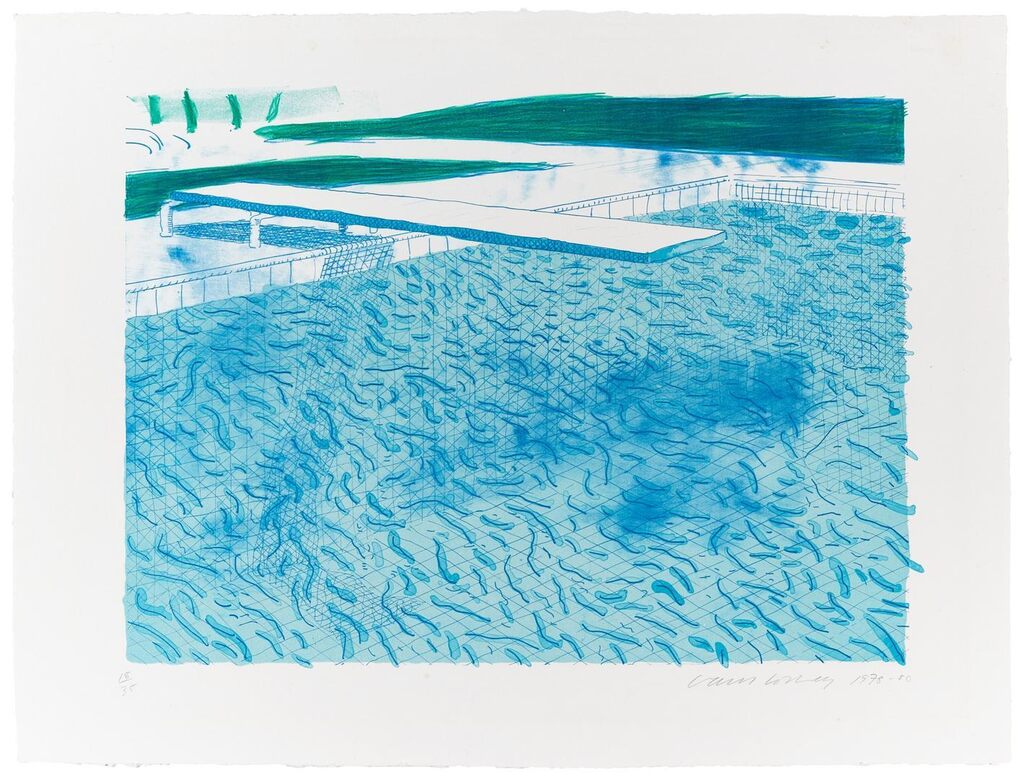 David Hockney - Lithograph of Water Made of Lines with Two Light Blue Washes