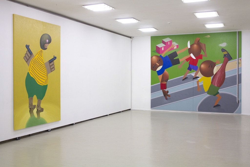 Fragment of exhibition "Družba".
On the left: Kaido Ole, "Armed Freak". 2014. Oil, acrylic and alkyde paint with plastic details on canvas, 280 x 190 cm.
On the right: Kaido Ole, "Baltic Match". 2016. Oil and acrylic on canvas, 330 x 390 cm.
Fragment of exhibition "Družba".
On the left: Kaido Ole, "Armed Freak". 2014. Oil, acrylic and alkyde paint with plastic details on canvas, 280 x 190 cm.
On the right: Kaido Ole, "Baltic Match". 2016. Oil and acrylic on canvas, 330 x 390 cm.