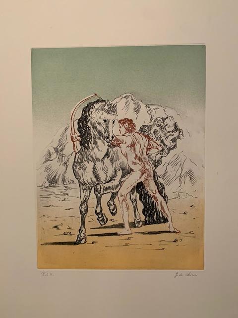 Giorgio de Chirico, ‘Arciere con cavallo’, 1972, Print, Incisione a vernice molle e acquatinta a 4 colori, Galerie AM PARK