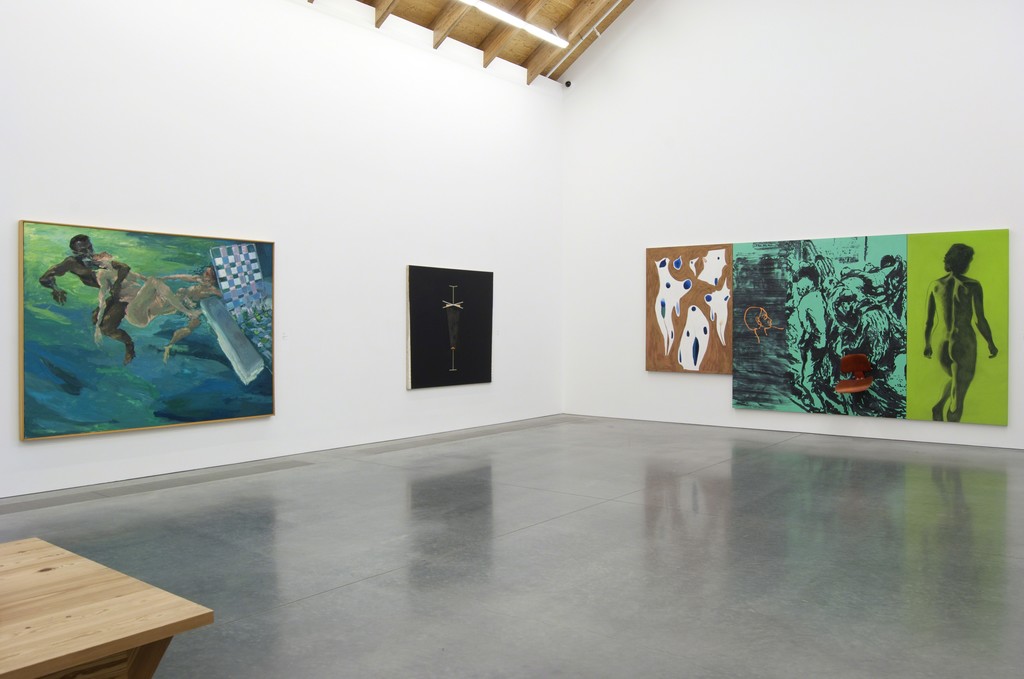 Installation view of Unfinished Business: (From left to right) Eric Fischl, Savior Mother, Save Your Love(r), 1984. Oil on canvas. The Menil Collection, Houston. Ross Bleckner, Revolver, 1976. Acrylic and oil on canvas. Collection of the artist. David Salle, Poverty is No Disgrace, 1982. Oil, acrylic, charcoal, and chair on canvas. Collection of the Akron Art Museum, Museum Acquisition Fund and gift of Larry Gagosian, 2000.45 a-d. Photo: Gary Mamay. Installation view of Unfinished Business: (From left to right) Eric Fischl, Savior Mother, Save Your Love(r), 1984. Oil on canvas. The Menil Collection, Houston. Ross Bleckner, Revolver, 1976. Acrylic and oil on canvas. Collection of the artist. David Salle, Poverty is No Disgrace, 1982. Oil, acrylic, charcoal, and chair on canvas. Collection of the Akron Art Museum, Museum Acquisition Fund and gift of Larry Gagosian, 2000.45 a-d. Photo: Gary Mamay.