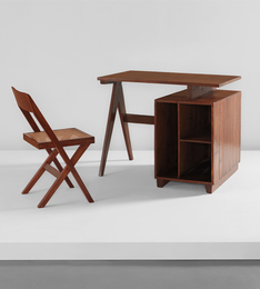 Administrative desk, model no. PJ-BU-07-A, and library chair, model no. PJ-SI-51-A, designed for administrative buildings and Punjab University Library, Chandigarh