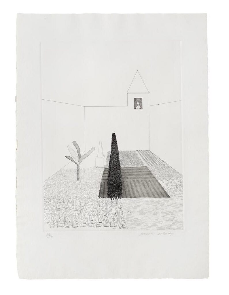 David Hockney - Rapunzel Growing in the Garden, from 'Illustrations for Six Fairy Tales from Brothers Grimm'
