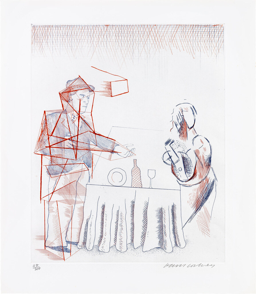 David Hockney - Figures with Still Life, plate 10 from The Blue Guitar (S.A.C. 208, M.C.A.T. 187)