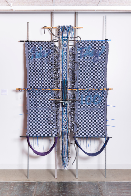 Kira Dominguez Hultgren, ‘Bridge: We/They’, 2019, Textile Arts, Handspun and industrially spun wool, cotton thread, indigo-dyed ramie, wool mill ends, rayon, acrylic and other novelty yarn, metallic thread, organic cotton t-shirt yarn and fabric, nylon and polyester climbing rope from Berkeley Ironworks Climbing Gym, plastic rods, found wood and metal, frame bars, and zip ties., Eleanor Harwood Gallery