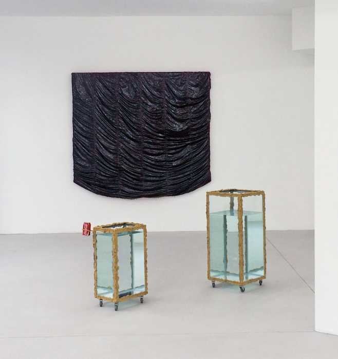 (front) Untitled (Cola, aeruginous aluminium, glass, water, 2015, 68 x 27 37 cm, unique; Untitled, aeruginous aluminium, glass, water, 2015, 92 x 40 x 40 cm, unique (back) Clemens Wolf, Parachute Painting Nr. 9, 2015, epoxy on parachute, 150 x 200 cm (front) Untitled (Cola, aeruginous aluminium, glass, water, 2015, 68 x 27 37 cm, unique; Untitled, aeruginous aluminium, glass, water, 2015, 92 x 40 x 40 cm, unique (back) Clemens Wolf, Parachute Painting Nr. 9, 2015, epoxy on parachute, 150 x 200 cm
