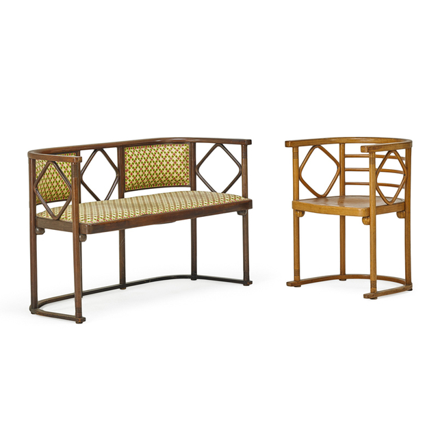 Josef Hoffmann, ‘Fledermaus Settee And Armchair, Austria’, ca. 1905, Design/Decorative Art, Stained Beech, Beech, Upholstery, Rago/Wright