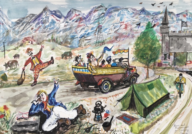 Chris Orr, ‘Burns and McGonagall go camping’, 2019, Drawing, Collage or other Work on Paper, Watercolour and crayon, Jill George Gallery